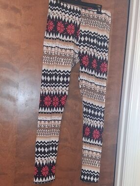 Patterned Women's Leggings - Black, Tan & Pink Tribal Print